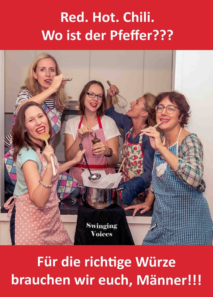 Plakatmotiv mit Küchenszene, fünf kochenden Frauen und der Aufforderung: Für die richtige Würze brauchen wir euch, Männer!